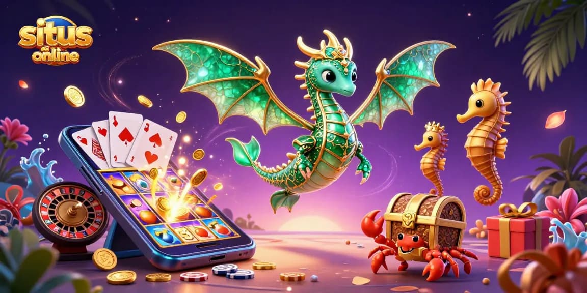 Mengalami keseruan bermain situs slot online dengan naga laut dan elemen slot berwarna-warni.