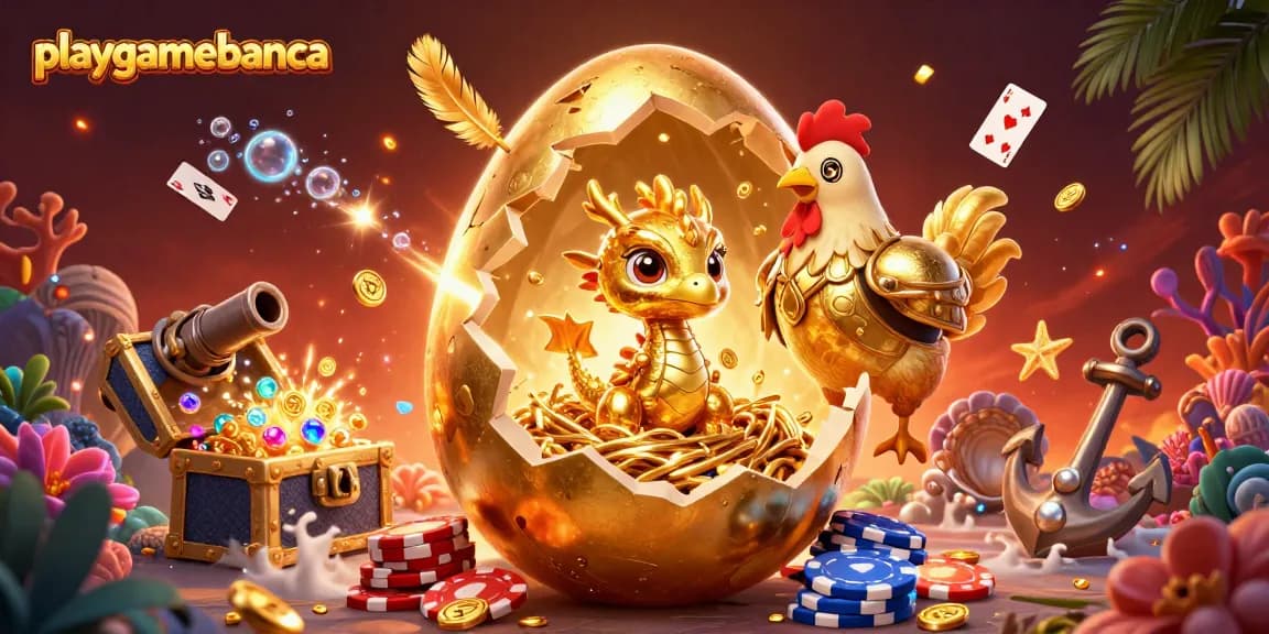 Experience thrilling wins with playgamebanca's golden dragon guarding poker chips in this vibrant casino scene.
