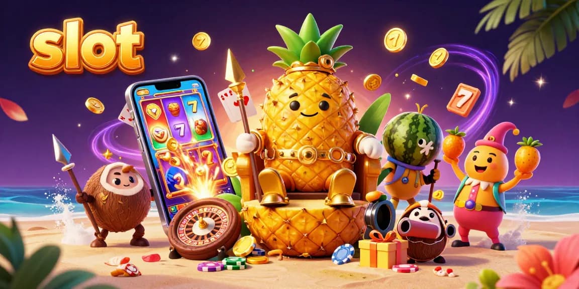 Experience thrilling slot action with a vibrant scene featuring a golden pineapple king and casino elements.
