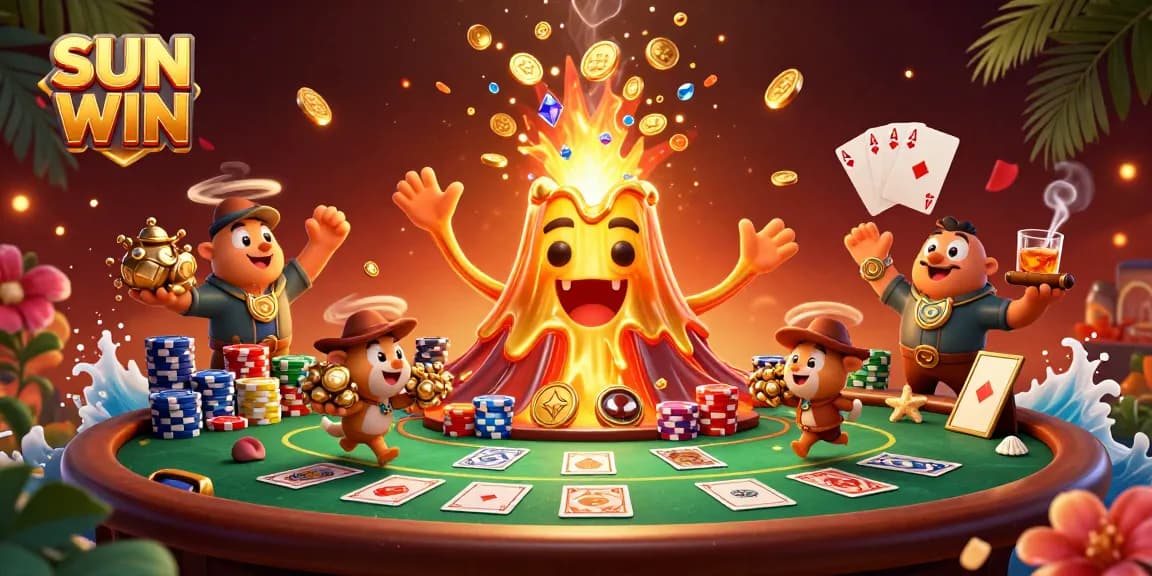 SUN WIN-themed vibrant casino scene with a golden volcano, poker elements, and treasure-hunting explorers.