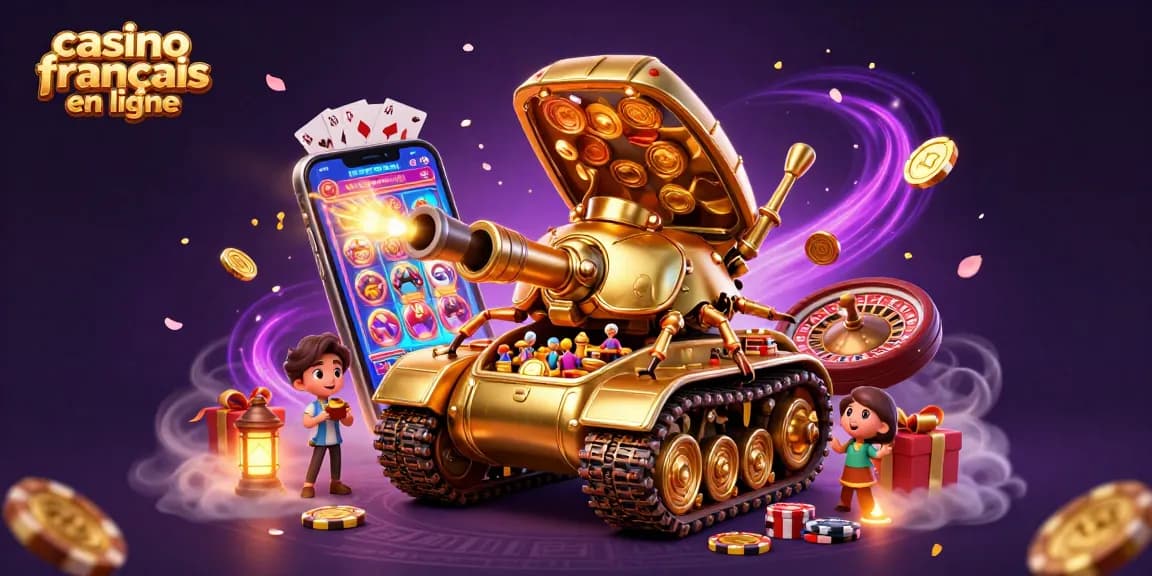 Un jeu captivant au casino français en ligne avec un tank doré révélant un mini-casino animé.