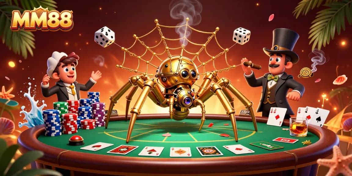 Engage in thrilling gameplay at MM88 with cartoon characters amidst poker tables and gaming elements.