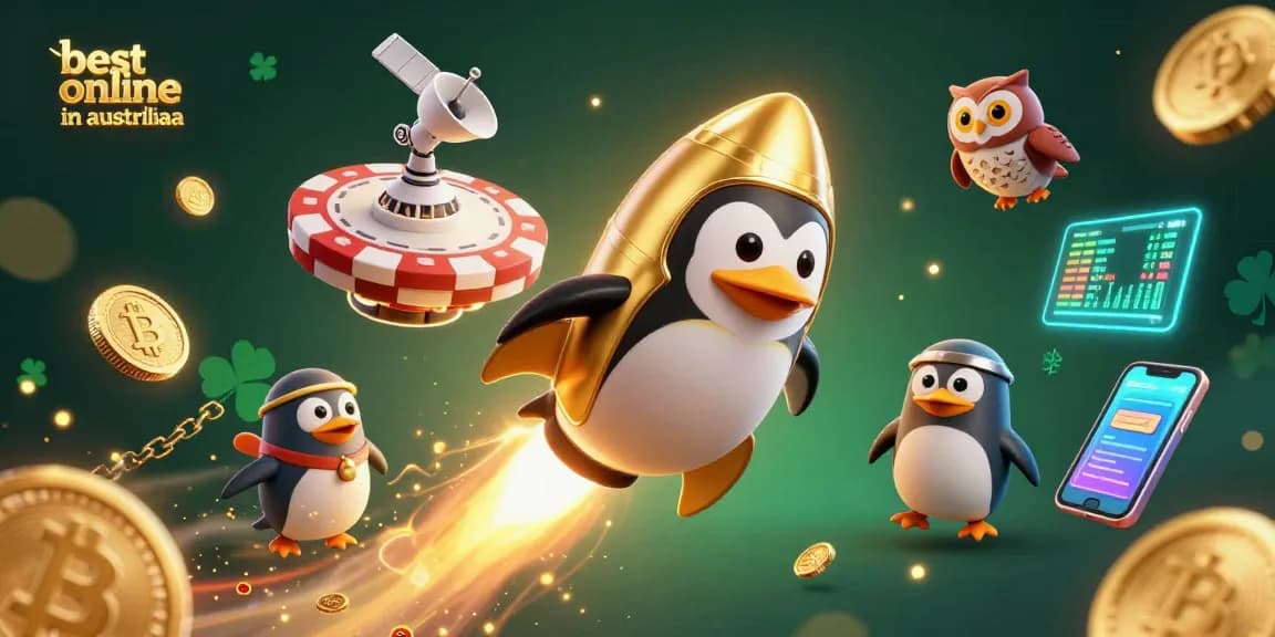 Explore the best online casinos in Australia with an exciting 3D scene of a penguin launching into space!