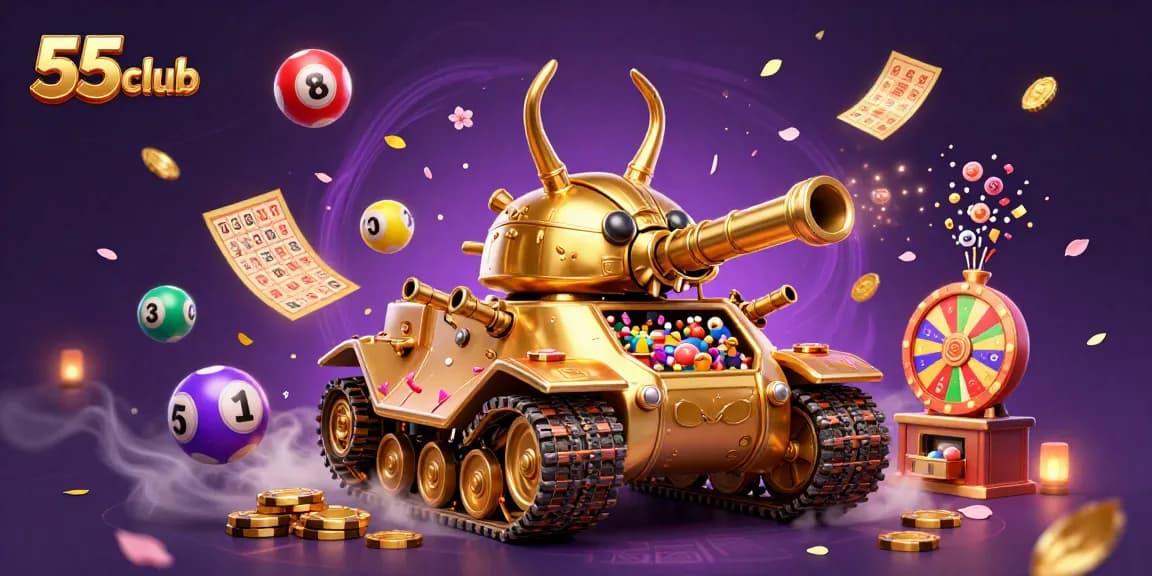 Experience the excitement of 55club with a vibrant 3D casino scene featuring dynamic games and festive elements.