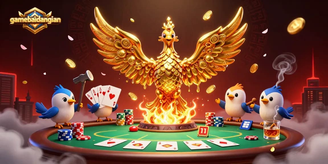 Engage with gamebaidangian's thrilling golden phoenix transforming into coins at a vibrant poker scene.