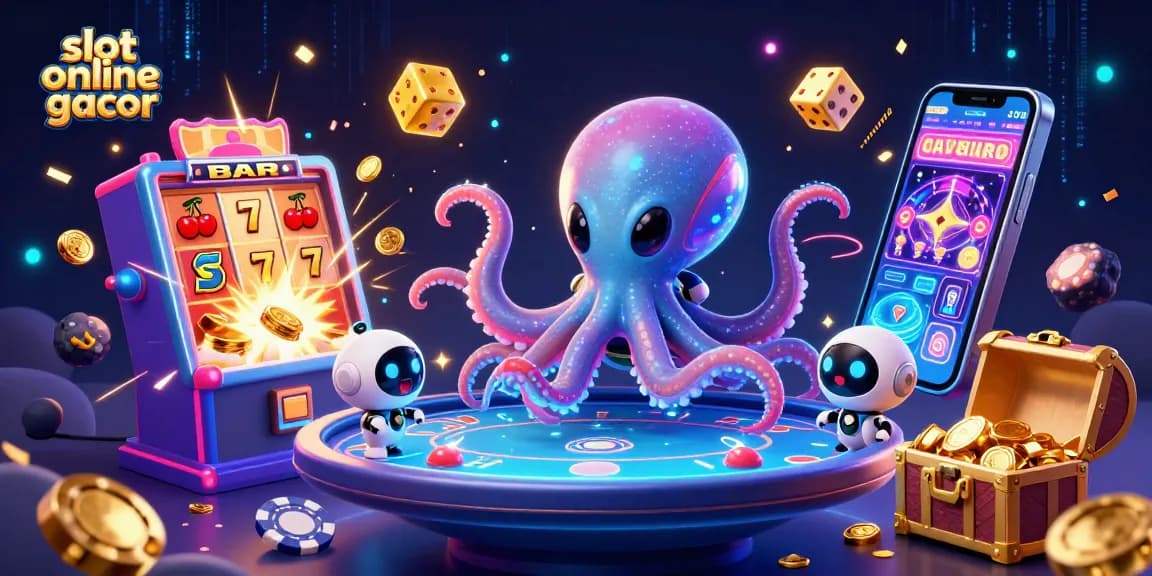 Mengaktifkan slot online gacor dengan karakter kartun alien, mesin slot meledak, dan harta karun di latar belakang yang menakjubkan.