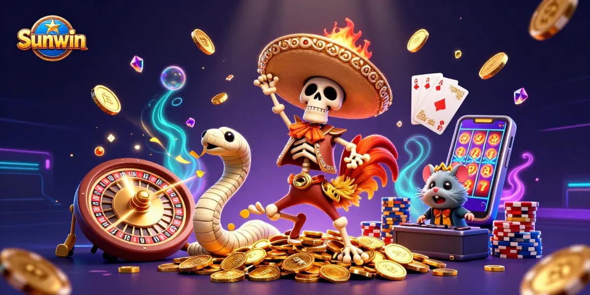 Experience vibrant gaming action with Sunwin characters celebrating amidst dazzling casino elements.