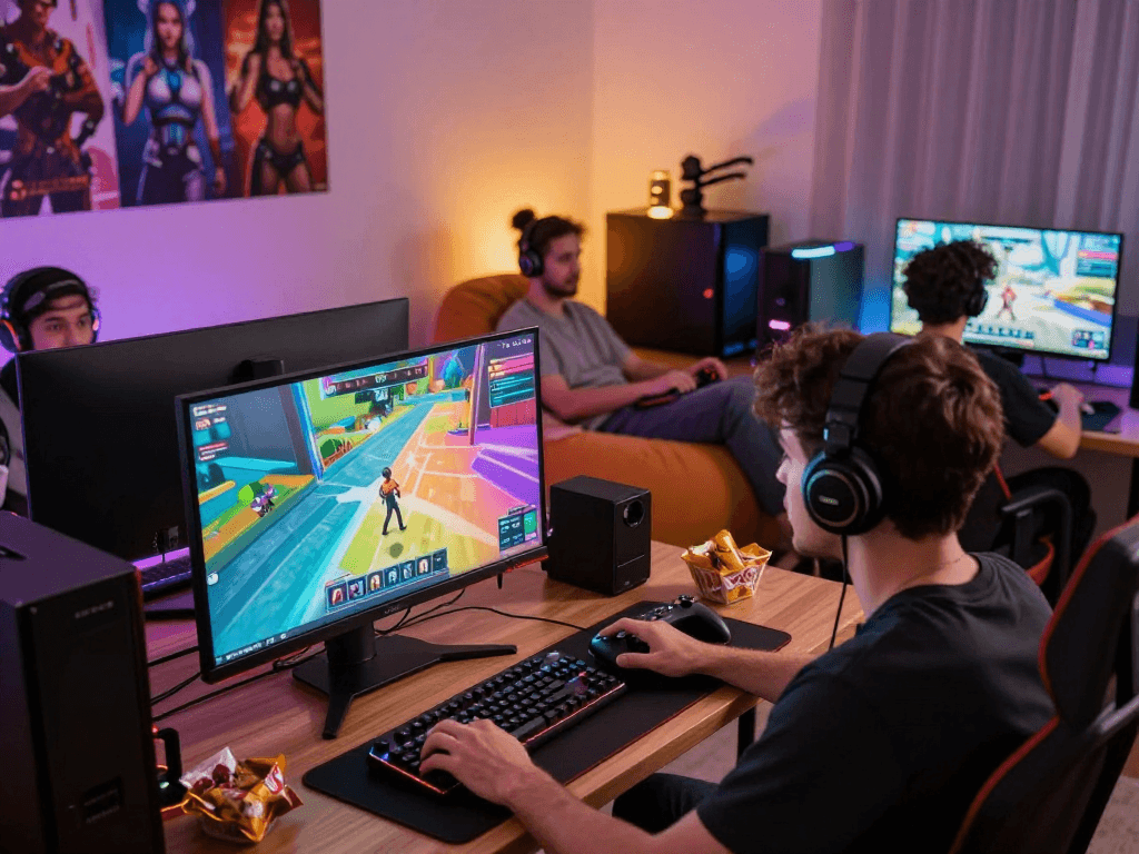 Dynamic scene of players enjoying sex games online with vibrant gaming setup.