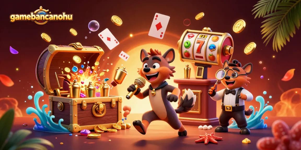 gamebancanohu showcases a lively casino scene with hyenas playing games and entertaining guests