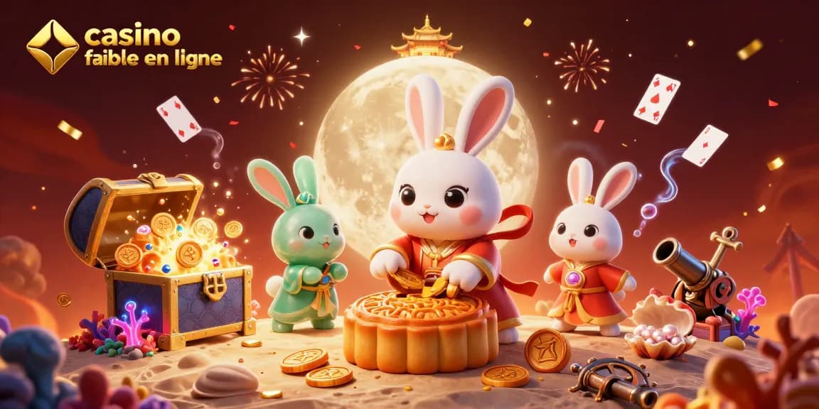 Jouez au casino fiable en ligne avec une illustration riche en détails de lapins sur la lune, joyaux et poker.