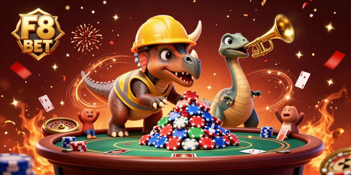 Engage with F8 BET as a triceratops builds poker chip pyramids in a colorful, festive casino scene.