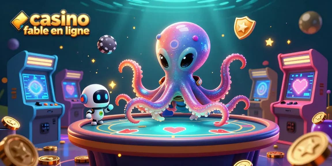 Découvrez une scène dynamique avec un casino fiable en ligne, mettant en vedette un poulpe extraterrestre et un robot.