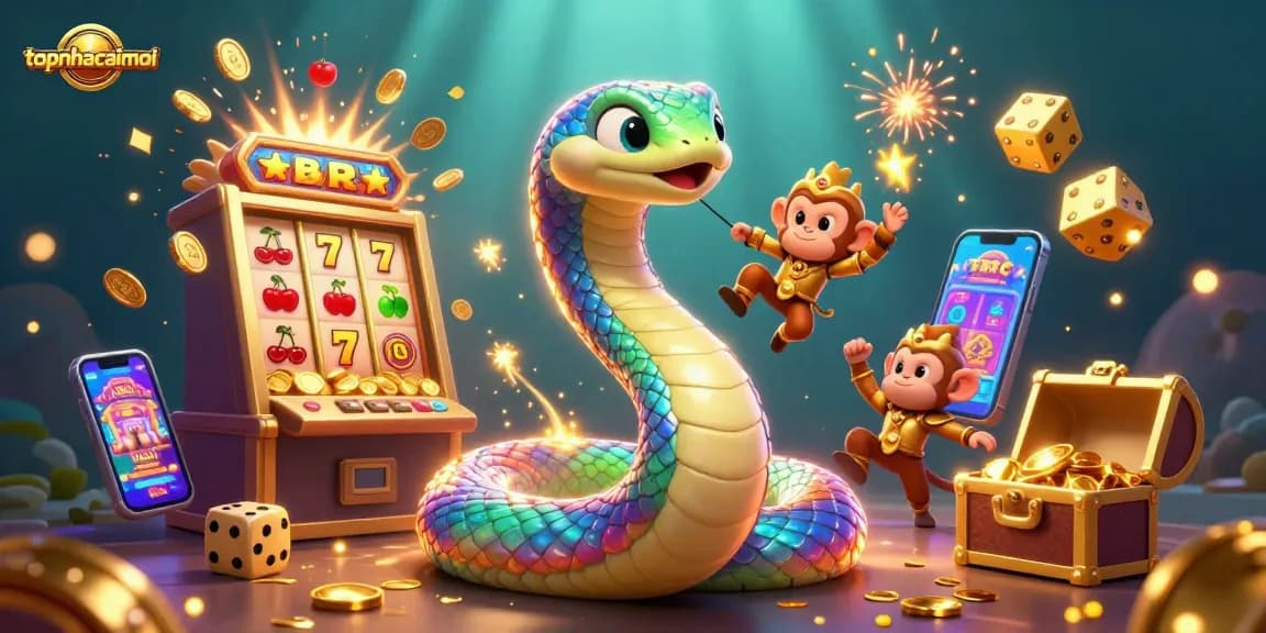 Immerse in the thrilling topnhacaimoi experience with a vibrant casino fantasy scene featuring colorful characters and dynamic gambling elements.
