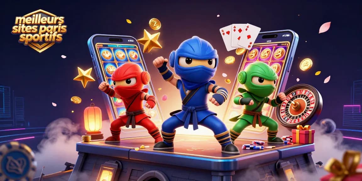 Pariez sur les meilleurs sites paris sportifs avec une équipe de chameleons ninja dans une illustration dynamique.