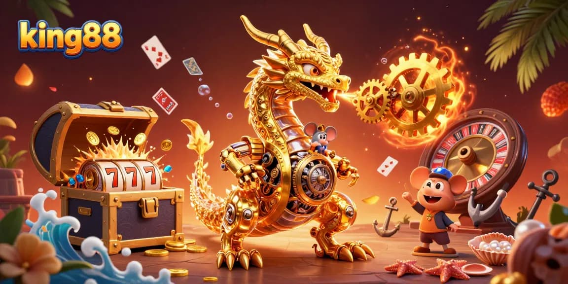 Experience king88 gaming excitement with a golden dragon and playful elements in a bustling casino scene.
