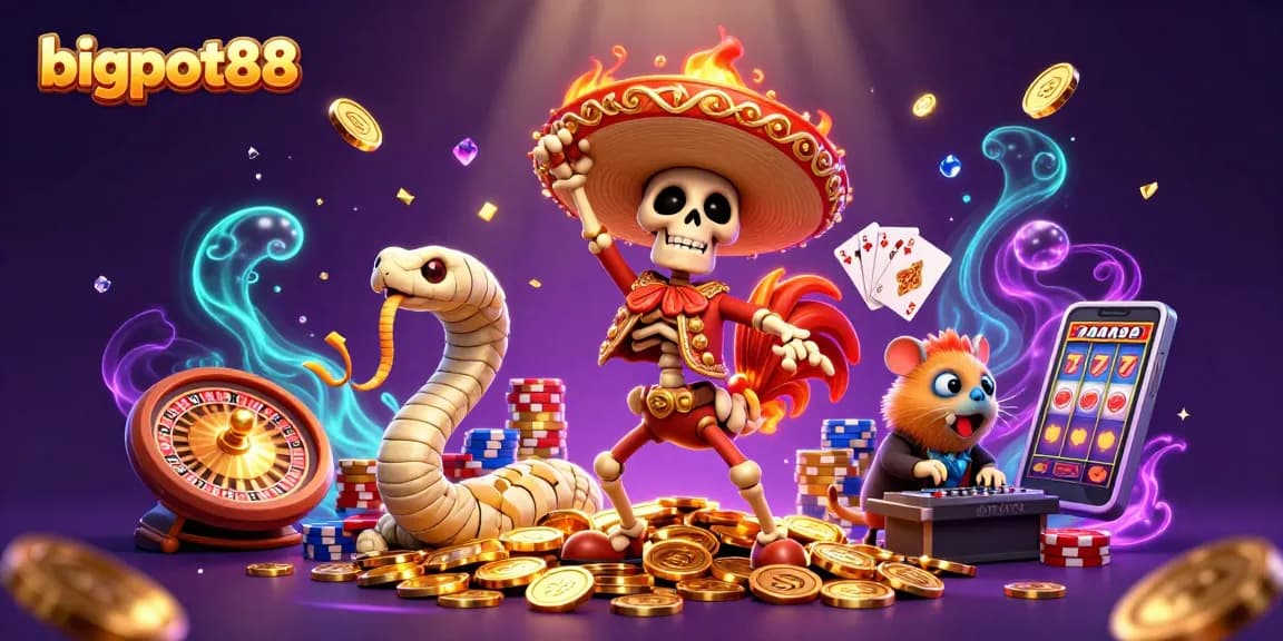 Experience the excitement of winning at bigpot88 with a vibrant, dynamic casino scene full of lively characters.