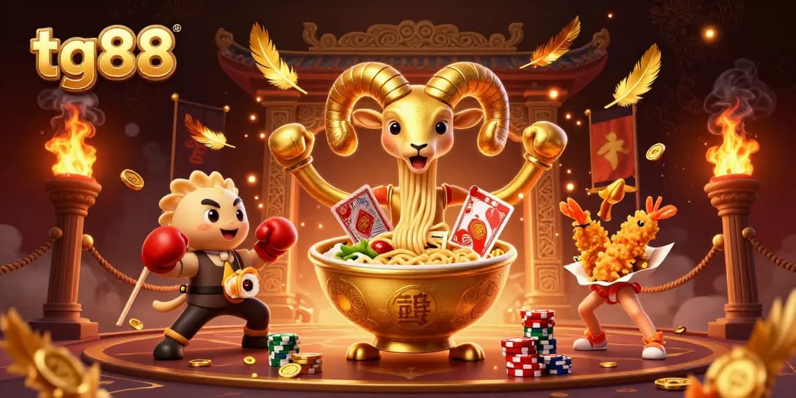 Engage in thrilling gameplay with tg88, featuring vibrant elements of a giant ramen bowl dealer and dynamic casino atmosphere.