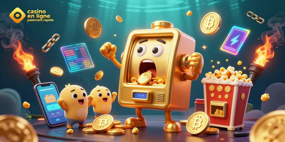 Visuel illustrant un casino en ligne paiement rapide avec des machines à sous dorées et des crypto-monnaies.