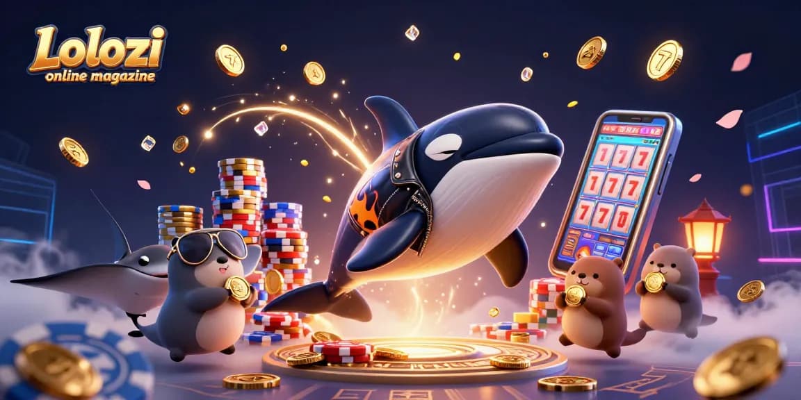 Lolozi online magazine showcases vibrant 3D cartoon characters celebrating casino wins, featuring a dynamic orca, stingray, and playful otters.