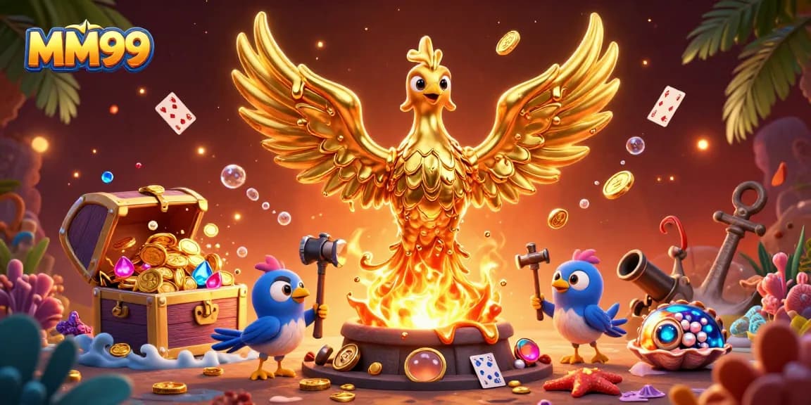 Win big with MM99's golden phoenix casino experience, showcasing vibrant treasures and dynamic gaming elements.