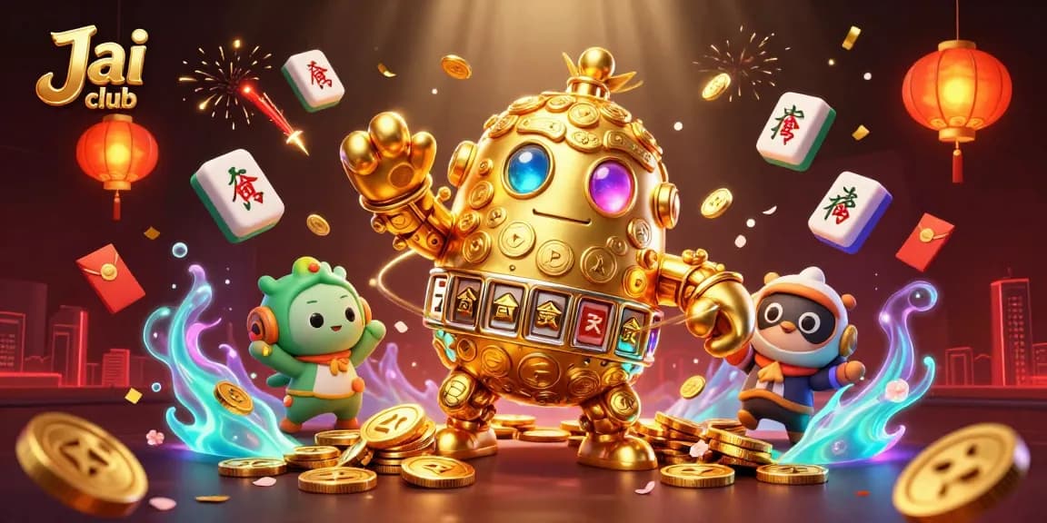 Play to win at Jai club with vibrant gaming elements and ancient golden golem.