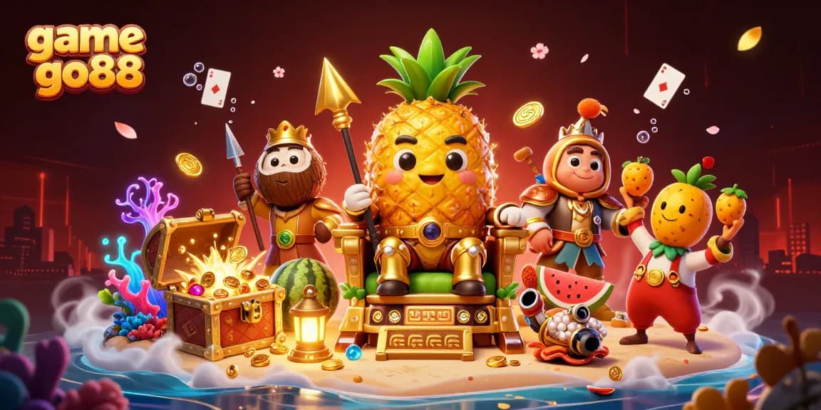 Experience the excitement of game go88 with a vibrant cartoon casino scene featuring a golden pineapple king and his companions.