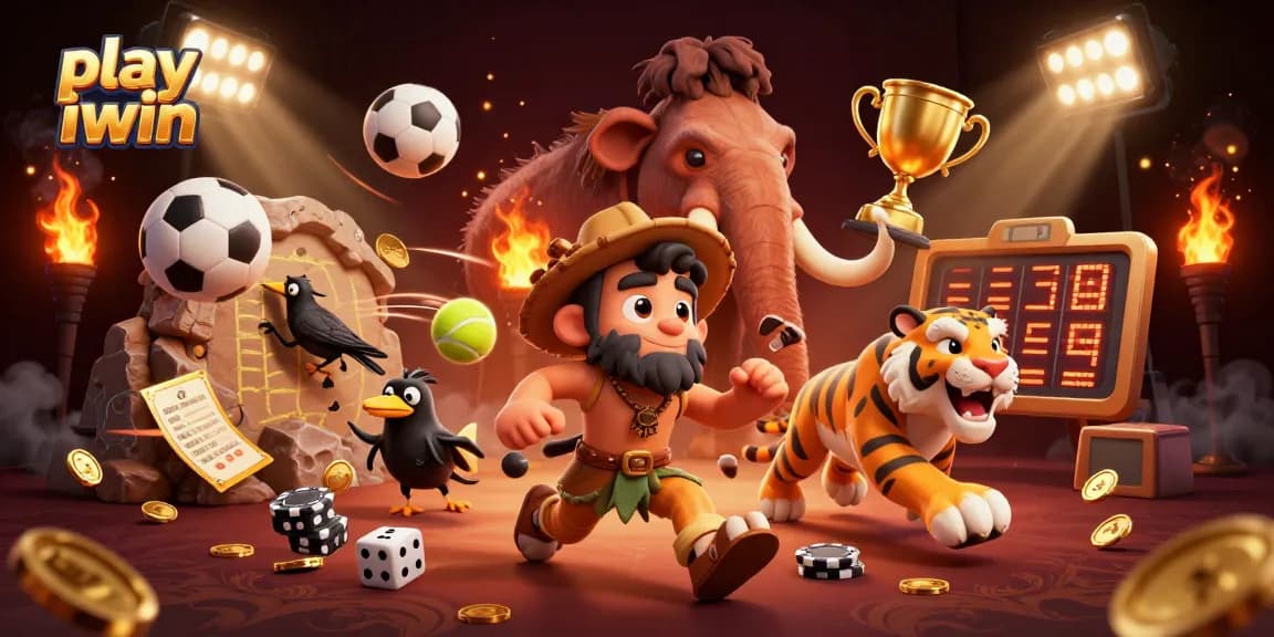 Play iwin with a lively 3D cartoon scene featuring a caveman and sabertooth tiger at a prehistoric casino.