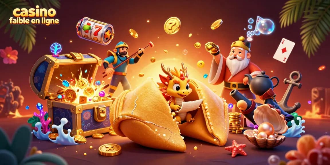 Illustration d'un casino fiable en ligne avec des personnages en 3D, de la fortune d'or et des éléments de jeu colorés.