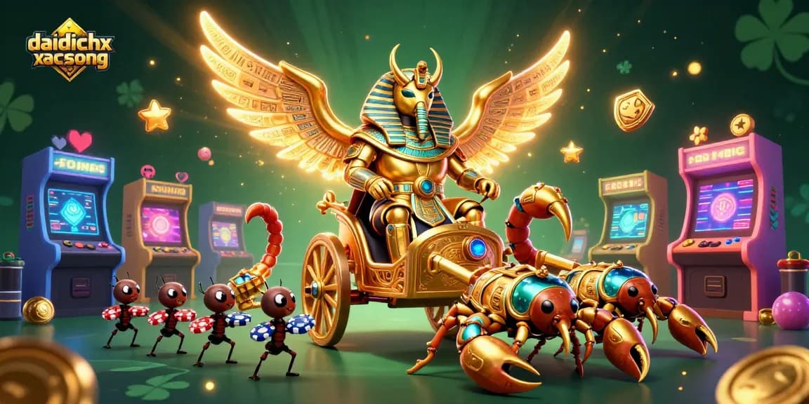 Experience thrilling action in daidichxacsong with a golden beetle chariot, scorpions, and poker chips.