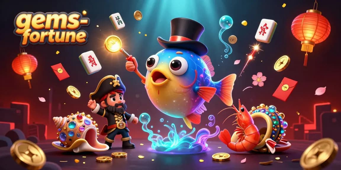 Experience gems-fortune by spinning for riches in this vibrant 3D casino scene with playful characters.