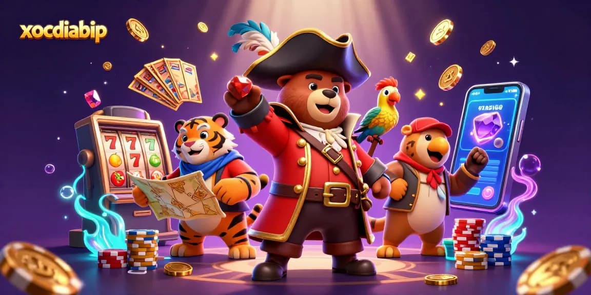 Xocdiabip reveals a treasure-filled adventure with a cartoon pirate bear and his tiger mate amidst a slot machine frenzy.