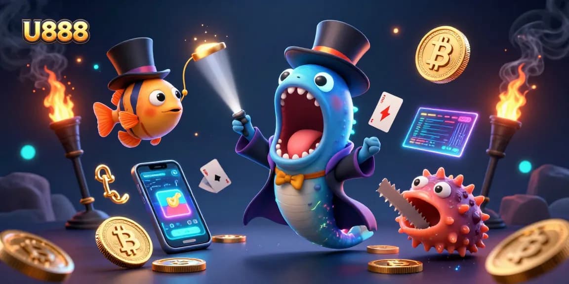 Engage with U888's dynamic casino magic featuring a wizarding eel performing tricks.