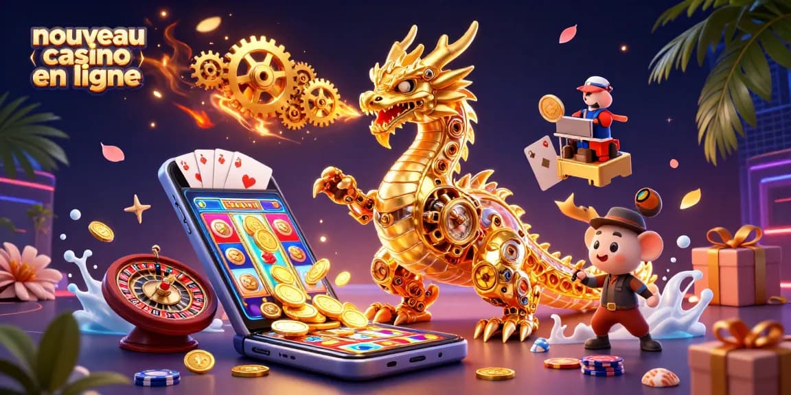 Découvrez le nouveau casino en ligne avec des jeux captivants et un dragon mécanique dynamique dans cette illustration.