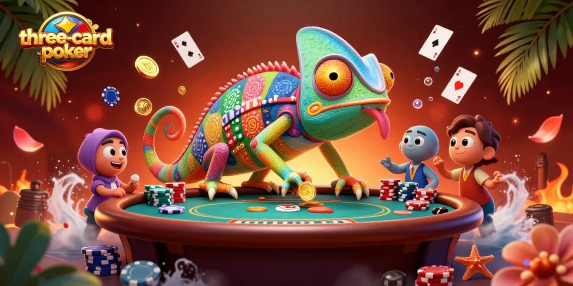 Engage in three-card-poker with vibrant chameleon overseeing a dynamic casino scene filled with poker action.