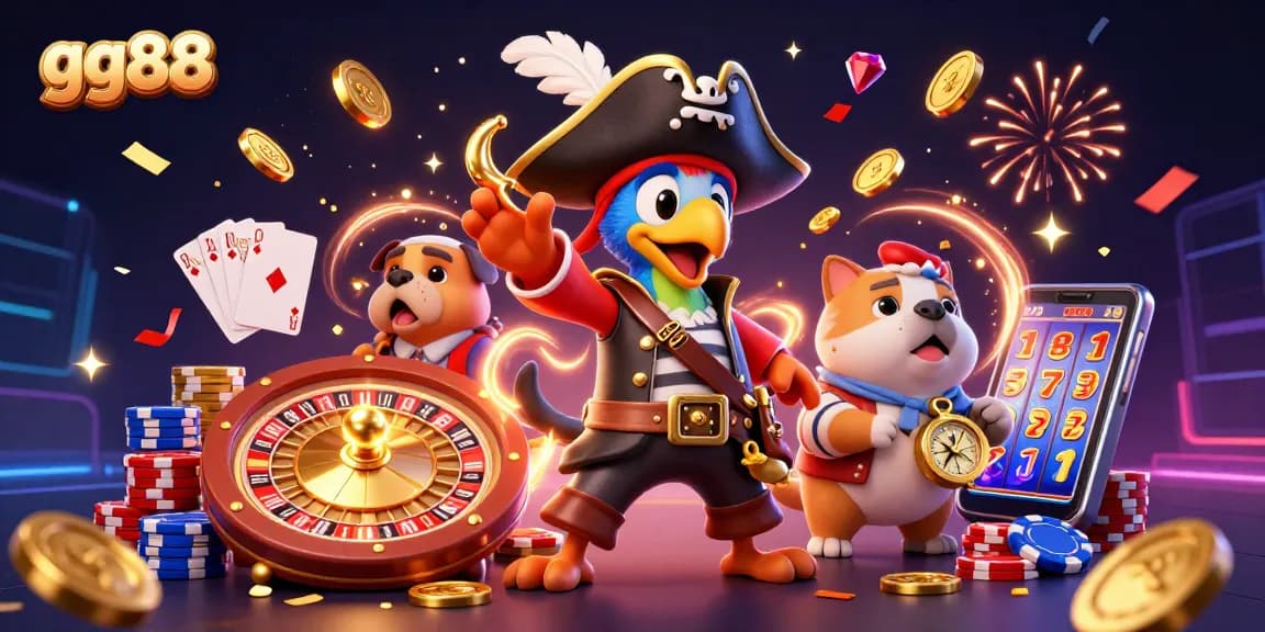 Experience the excitement of gg88 with a vibrant 3D casino scene featuring a pirate captain, bulldog, and cat surrounded by dazzling gaming elements.