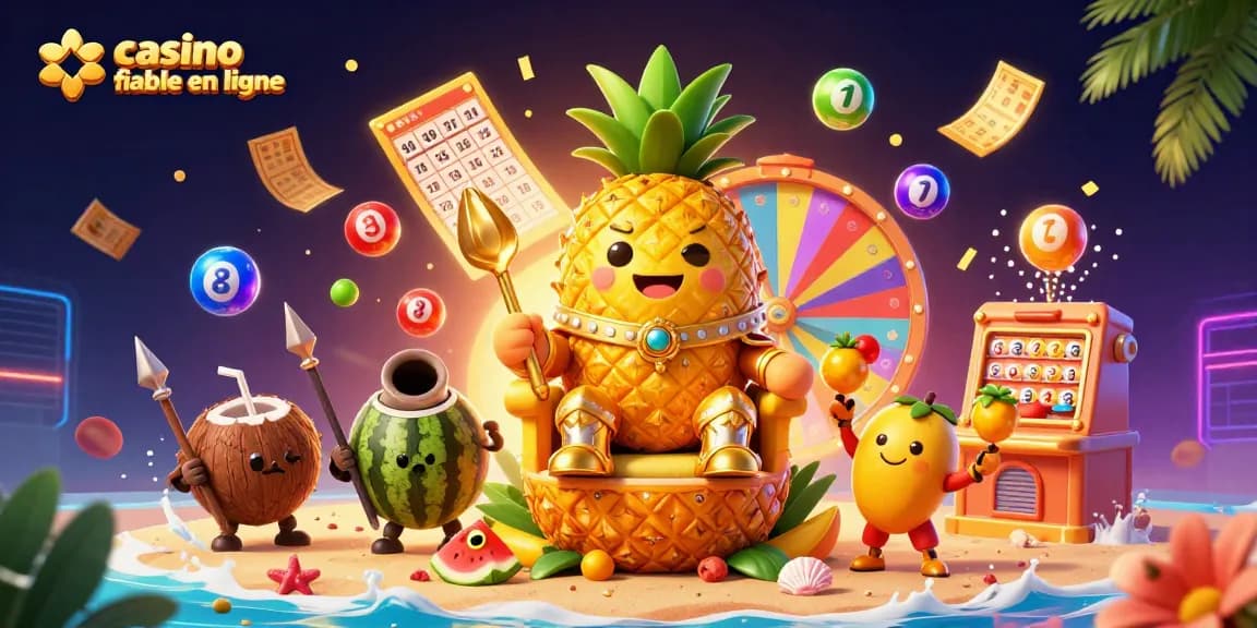 Une scène magique avec le roi ananas doré assis sur son trône au casino fiable en ligne.