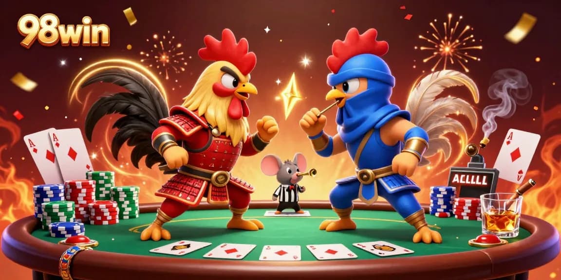 Engage in thrilling gameplay at 98win, featuring dynamic roosters in combat amidst poker excitement.