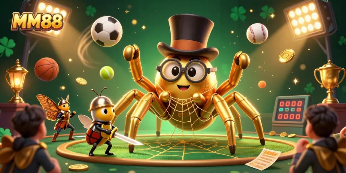 Engage in thrilling MM88 gaming action with a vibrant 3D casino scene featuring a giant tarantula and a knight.