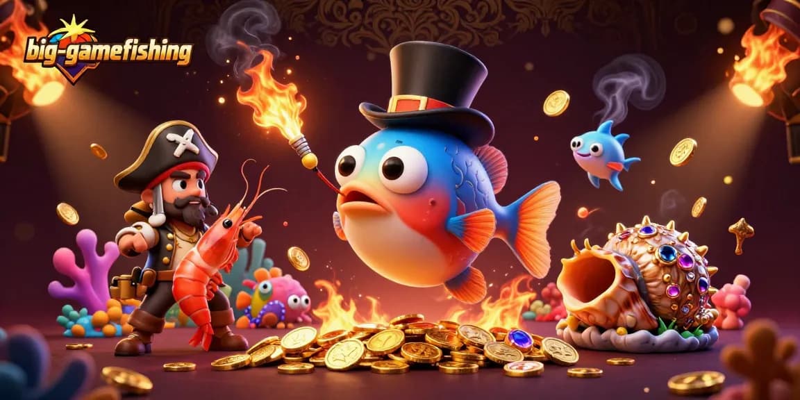 Engage in big-gamefishing with a playful anglerfish and treasure-rich shrimp in this vibrant 3D illustration.