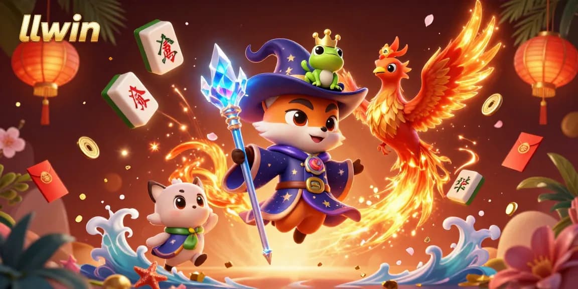 Bet on exciting games at llwin with a powerful wizard fox, phoenix, and enchanted frog in a vibrant scene.