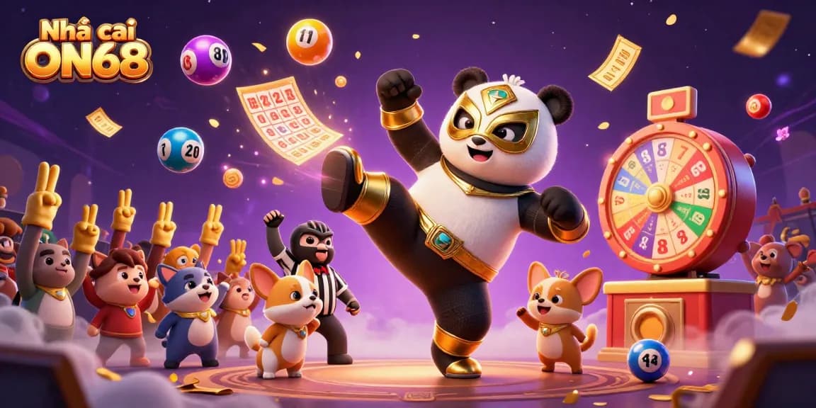 Experience dynamic excitement at Nhà cái ON68 with colorful lottery balls and lively animal spectators cheering