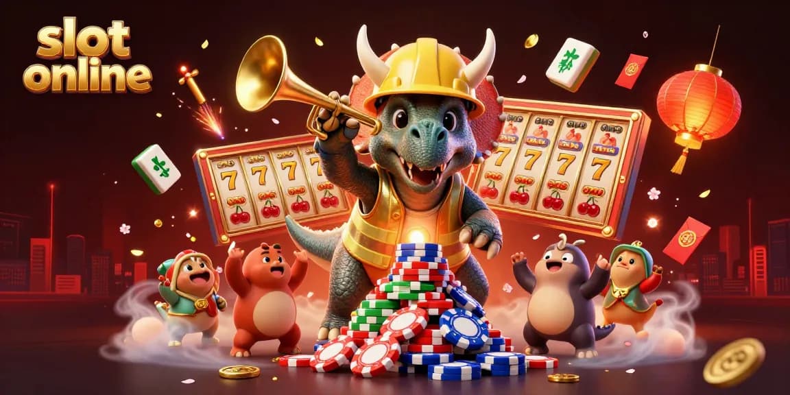 Win big with slot online in this vibrant, celebratory 3D casino scene featuring cartoon dinosaurs.