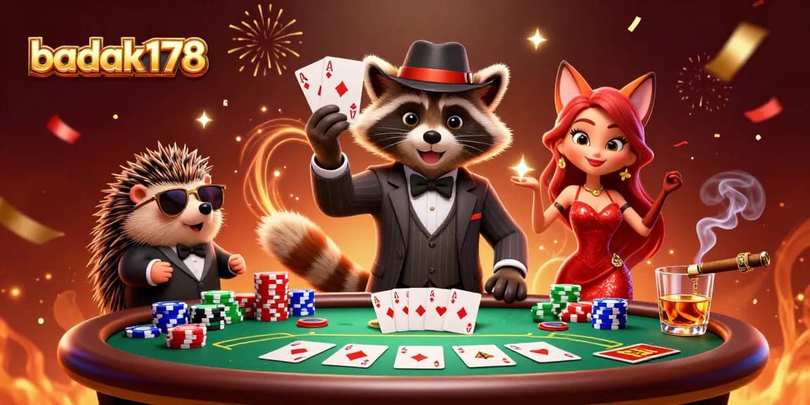 Experience the excitement at badak178 with playful characters in a vibrant casino setting.