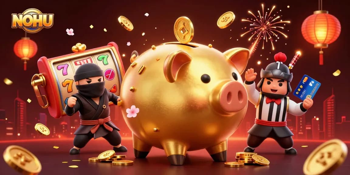 Experience the thrilling action at NOHU with spectacular slot reels, lucky symbols, and vibrant fireworks in this dynamic scene.