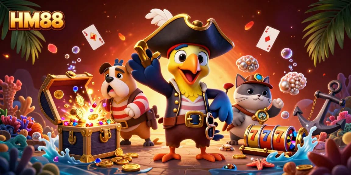 HM88 captures intense casino action with vibrant characters amidst riches and gaming elements.