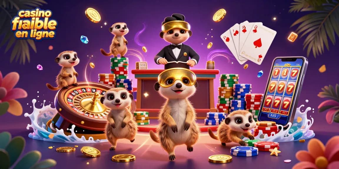 Des meerkats gèrent un casino fiable en ligne, entourés de jetons colorés et de cartes jouant.