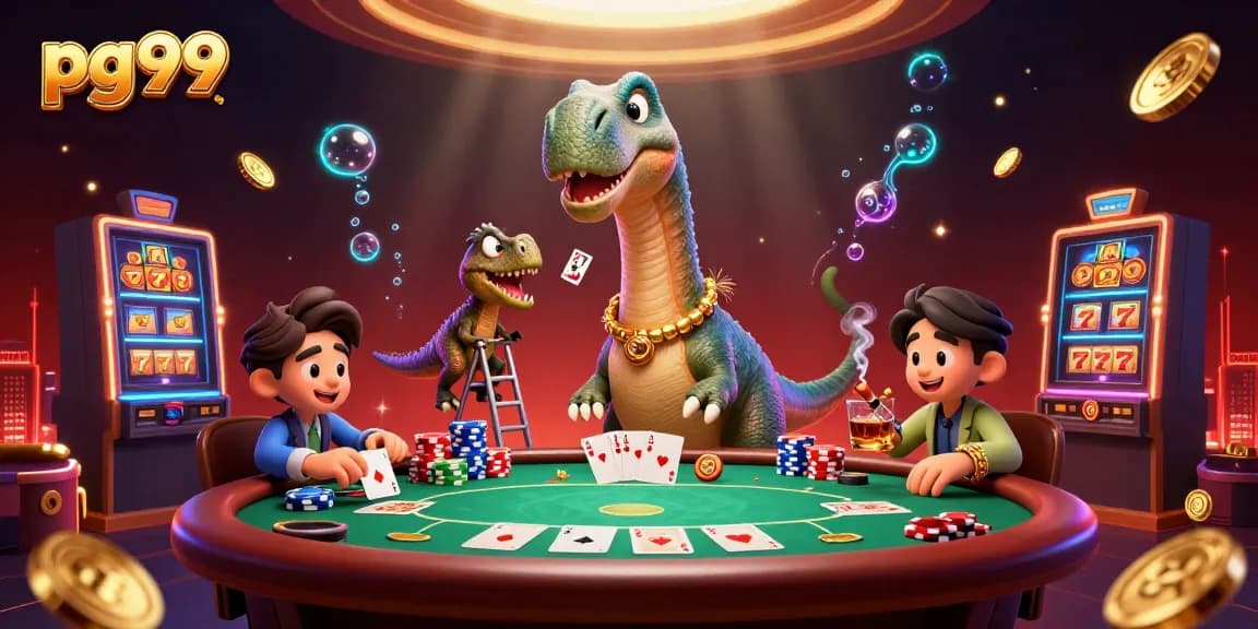 Engage with the excitement of pg99 as a massive dinosaur oversees a vibrant poker table scene.