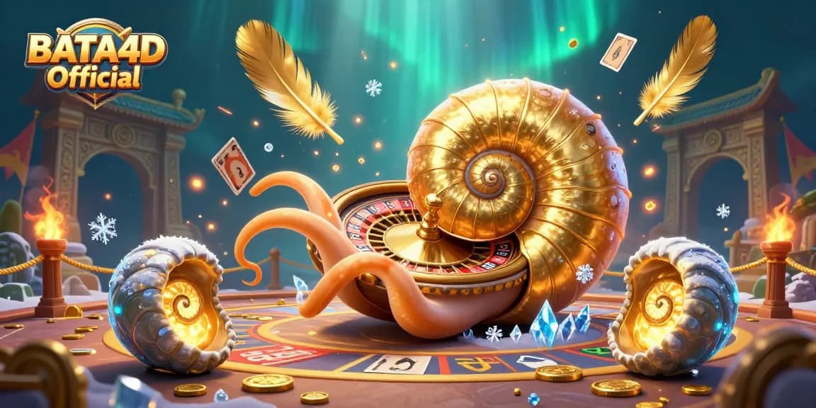 BATA4D Official illustrates a vibrant casino scene with a giant nautilus roulette wheel and glowing ammonites.