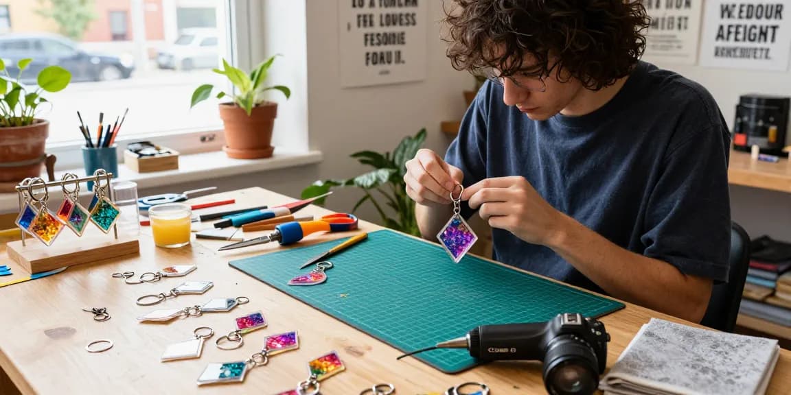 Custom Acrylic Diamond Keychain designs showcased amidst a vibrant urban crafting workshop environment.