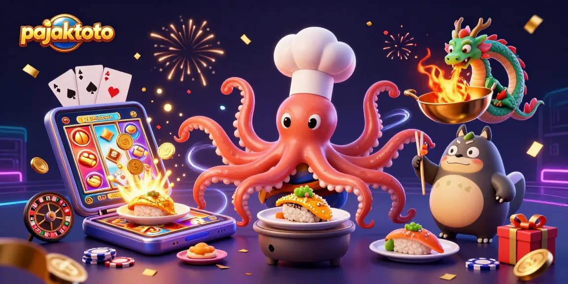 Pajaktoto menampilkan karakter kasino dari octopus juru masak dan naga hijau di suasana meriah